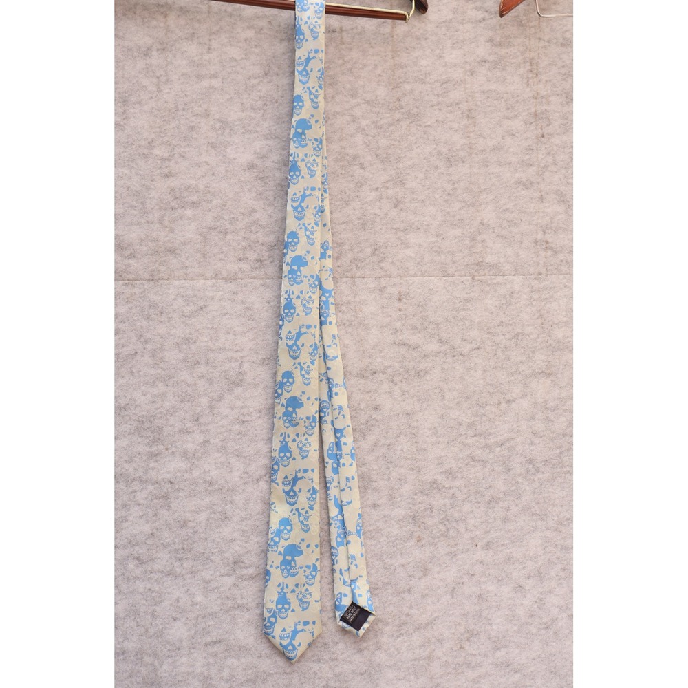 Mens Silk Skull Print Necktie Blue Cream Handmade Gothic Formal Accessory